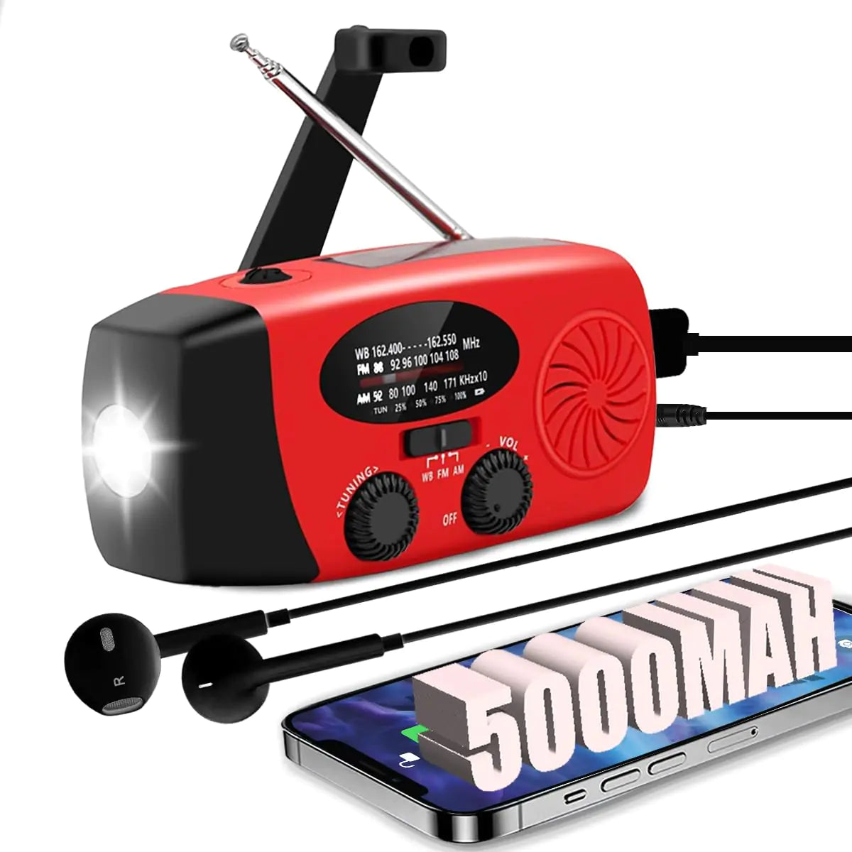 5000mAh/18500mWh Emergency Weather Radio AM/FM/NOAA Hand Crank Solar Powered Radio Emergency Phone Charger 1W 4 Modes Flashlight SOS Alarm Earphone Jack for Emergency